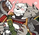  &lt;3 5_fingers anthro bearlovestiger13 black_nose blush canine claws clothed clothing duo feline grimoire_of_zero holdem male male/male mammal mercenary_(character) muscular muscular_male nipples pecs teeth tiger wolf 