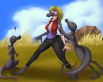  &lt;3 &lt;3_eyes 2018 ambiguous_gender anthro blonde_hair breasts claws clothed clothing detailed_background female feral grass group hair human_to_anthro navel nintendo outside pants pok&eacute;mon pok&eacute;mon_(species) salazzle scalie smile standing tail_growth tomek1000 torn_clothing transformation video_games 