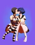 absurdres alternate_costume arm_warmers between_breasts black_hair black_neckwear blue_background blue_hair blush breasts choker closed_eyes french_kiss highres holding_hands interlocked_fingers kiss m-a-v-e-r-i-c-k marie_(persona_4) multiple_girls necktie necktie_between_breasts no_shoes non-web_source panties pantyshot persona persona_4 persona_4_the_golden plaid plaid_skirt pleated_skirt print_skirt school_uniform serafuku shirogane_naoto shirt short_hair simple_background skirt sleeveless sleeveless_shirt socks striped striped_legwear thighhighs tongue tongue_out underwear white_legwear white_shirt yuri 