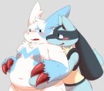  2015 anthro belly_grab blue_fur blush canine claws digital_drawing_(artwork) digital_media_(artwork) duo eye_contact fur grey_background hug hugging_from_behind lucario male male/male mammal multicolored_fur navel nintendo nipples nude open_mouth overweight pok&eacute;mon pok&eacute;mon_(species) shiny_pok&eacute;mon silicon_chub simple_background smile standing video_games white_fur yellow_fur zangoose 
