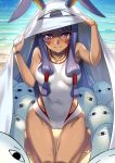  beach commentary_request cosplay covered_navel dark_skin day facepaint facial_mark fate/grand_order fate_(series) gia_kon kneeling long_hair looking_at_viewer medjed medjed_(cosplay) nitocris_(fate/grand_order) nitocris_(swimsuit_assassin)_(fate) ocean purple_eyes purple_hair swimsuit white_swimsuit 