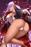  ass bare_shoulders bb_(fate)_(all) bb_(swimsuit_mooncancer)_(fate) black_coat blush breasts cleavage commentary_request eyebrows_visible_through_hair fate/grand_order fate_(series) from_below gloves high_heels highres impossible_clothes large_breasts leotard long_hair looking_at_viewer popped_collar purple_background purple_eyes purple_hair red_footwear shiny shiny_skin shuugetsu_karasu solo star starry_background thighhighs thighs vampire_costume very_long_hair white_gloves white_leotard 