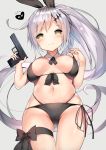  alternate_costume bangs bare_shoulders bikini bikini_tug black_bikini black_ribbon blush bow breasts brown_eyes cameltoe character_name cisyo cleavage closed_mouth commentary cowboy_shot eyebrows_visible_through_hair five-seven_(girls_frontline) five-seven_(gun) girls_frontline grey_background groin gun hair_between_eyes hair_ornament hair_ribbon handgun heart holding holding_gun holding_weapon jewelry large_breasts long_hair looking_at_viewer navel pistol ponytail ribbon side-tie_bikini sidelocks silver_hair simple_background skindentation smile solo stomach swimsuit thigh_ribbon very_long_hair weapon 