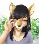  2018 5_fingers anthro avablanched black_hair black_nose canine clothed clothing detailed_background duo female first_person_view grey_eyes hair heterochromia human looking_at_viewer mammal orange_eyes outside romantic scar smile 