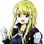  :d bangs black_jacket blonde_hair blue_eyes blue_shirt breasts clenched_hands close-up cosplay edward_elric edward_elric_(cosplay) eyebrows_visible_through_hair fullmetal_alchemist gloves happy jacket long_hair looking_away lowres open_mouth shirt simple_background smile solo tsukuda0310 upper_body white_background white_gloves winry_rockbell 