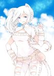  animal_ears belt blue_background blue_eyes blush braid breasts cloud cloudy_sky commentary commission contrapposto cowboy_shot english_commentary hand_on_hip hand_up highres looking_at_viewer medium_breasts original pants peachpii pouch side_ponytail sky smile solo tail 