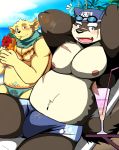  2017 5_fingers anthro beach bearlovestiger13 black_nose blush bulge canine clothed clothing cloud cusith dog fangs looking_at_viewer male mammal moritaka musclegut muscular muscular_male nipples open_mouth outside seaside sky slightly_chubby tokyo_afterschool_summoners topless 