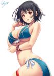  adapted_costume artist_name ass bangs bikini black_hair blue_bikini blush breasts commentary_request from_side front-tie_bra hand_on_own_cheek highres kantai_collection large_breasts lips looking_at_viewer messy_hair nail nail_polish open_mouth red_eyes red_nails sakiyamama short_hair side-tie_bikini sideboob simple_background solo swimsuit takao_(kantai_collection) twisted_torso underboob upper_body wet wet_clothes white_background 