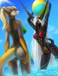  2018 5_fingers anthro anubian_jackal ball beach_ball bikini black_nose blue_eyes breasts butt canine clothed clothing day detailed_background digital_media_(artwork) duo elvofirida female hair holding_object hybrid jackal lizard long_hair looking_back mammal midriff navel nipple_bulge outside partially_submerged reptile scalie smile standing swimsuit water white_hair wide_hips 