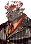  anthro black_fur bovine bust_portrait clothed clothing eyewear fur glasses grin gyumao hair horn itohiro0305 lapel male mammal muscular muscular_male necktie portrait red_hair smile solo suit tokyo_afterschool_summoners 