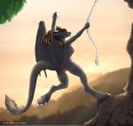  anthro breasts brown_hair claws digitigrade dragon female fur furred_dragon grey_fur hair hindpaw looking_back membranous_wings nipples nude outside pawpads paws pussy rope rope_swing sharp_teeth smile solo tail_tuft teeth toe_claws tree tuft wings zafara_(artist) 