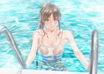  blue_eyes blush braid breasts climbing collarbone highres kinoebi long_hair looking_at_viewer nipples one-piece_swimsuit original partially_submerged pool see-through swimsuit white_swimsuit 