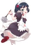  :d alternate_costume apron bangs black_dress black_eyes black_hair bow commentary dress enmaided eyebrows_visible_through_hair feather_duster frilled_apron frills from_behind garter_straps girls_und_panzer hair_bow holding leg_up looking_at_viewer looking_back maid maid_apron maid_headdress mary_janes medium_dress one_eye_closed open_mouth petticoat puffy_short_sleeves puffy_sleeves red_bow red_footwear senzoc shoes short_hair short_sleeves simple_background smile solo standing standing_on_one_leg thighhighs utsugi_yuuki white_apron white_background white_legwear wristband 