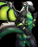  2018 abs anthro azael_dragonfang azaeldragon backsack balls black_scales butt clothing digital_media_(artwork) dragon green_eyes green_scales hair horn kalidragon male membranous_wings nipples scales scalie simple_background smile solo white_hair wings 