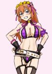  bb_(fate)_(all) bb_(swimsuit_mooncancer)_(fate) bb_(swimsuit_mooncancer)_(fate)_(cosplay) blue_eyes blush bra breasts brown_hair charlotte_e_yeager commentary_request cosplay covered_nipples fate/grand_order fate_(series) gold_trim groin hachimitsu-b hair_ornament hairband hands_on_hips large_breasts looking_at_viewer navel panties pink_background purple_bra purple_panties shorts simple_background smile solo star star_hair_ornament strike_witches underwear world_witches_series 
