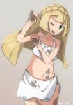  bikini blonde_hair braid commentary_request crown_braid dirty_clothes dirty_face green_eyes grey_background harisen1012 highres lillie_(pokemon) long_hair mud one_eye_closed open_mouth pokemon pokemon_(anime) pokemon_sm_(anime) sarong simple_background solo swimsuit twitter_username white_bikini white_sarong 