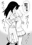  blazer blush breath commentary face_to_breasts from_side greyscale heavy_breathing hidden_mouth hug jacket kuroki_tomoko long_hair long_skirt meis_(terameisu) monochrome multiple_girls pantyhose pleated_skirt profile school_uniform short_hair single_stripe skirt sweat translated uchi_emiri watashi_ga_motenai_no_wa_dou_kangaetemo_omaera_ga_warui! yuri 