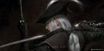  artist_name bloodborne bow brown_gloves commentary dark_background dual_wielding eyelashes from_behind gloves hair_bow hat highres holding lady_maria_of_the_astral_clocktower lips looking_at_viewer looking_back low_ponytail patreon_username ponytail realistic silver_hair solo sword the_old_hunters tricorne upper_body watermark weapon web_address wlop 