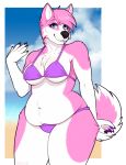  2018 5_fingers anthro beach bikini breasts canine clothed clothing female fur looking_at_viewer mammal navel outside overweight overweight_female pink_fur porin portrait seaside signature smile solo standing swimsuit thick_thighs three-quarter_portrait white_fur 