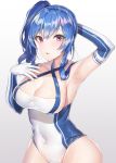  absurdres ahoge arm_behind_head arm_up armpits azur_lane bad_id bad_twitter_id bangs bare_shoulders blue_hair blush breasts cleavage collarbone commentary_request covered_navel elbow_gloves gloves hair_between_eyes halterneck highres hips large_breasts long_hair looking_at_viewer one-piece_swimsuit open_mouth ponytail purple_eyes side_ponytail sidelocks simple_background smile solo st._louis_(azur_lane) swimsuit two-tone_swimsuit white_background white_gloves white_swimsuit yayoichi_(yoruyoru108) 
