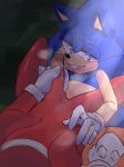  2018 anthro black_nose clothing cum duo echidna erection gloves gssky hedgehog knuckles_the_echidna male male/male mammal monotreme mostly_nude penis red_penis smile sonic_(series) sonic_the_hedgehog video_games 