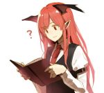  ? arm_belt bangs book closed_mouth eho_(icbm) expressionless eyebrows_visible_through_hair head_wings holding holding_book koakuma long_hair long_sleeves necktie open_book pointy_ears reading red_eyes red_hair red_neckwear sidelocks simple_background sketch solo sweat touhou upper_body waistcoat white_background 