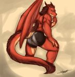  2018 bent_over bulge butt claws clothed clothing digital_media_(artwork) dragon flamewolf0fox fur horn looking_back male mane muscular partially_clothed pinup pose presenting presenting_hindquarters rear_view red_fur red_mane red_scales reptile scales scalie simple_background skimpy smile solo standing suggestive topless underwear wings yellow_sclera 