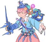  animal animal_on_head bags_under_eyes bandolier baton commentary cowboy_shot crossover dagger dragon dual_wielding english_commentary fighting_stance frills gauntlets glaring granblue_fantasy hairband heart holding komeiji_satori leviathan_(granblue_fantasy) long_sleeves mefomefo on_head pink_eyes pink_hair short_hair simple_background skirt solo staff sword tired too_many touhou undersized_animal weapon white_background wide_sleeves 