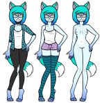  anthro blue_fur blue_hair canine clothed clothing collar deervahkiin dipstick_tail eyewear female fox fur glasses hair hand_on_hip legwear looking_at_viewer mammal model_sheet moon multicolored_tail navel nude off/on purple_eyes pussy shirt shorts simple_background smile solo standing stockings tank_top white_background wisp_(deervahkiin) 