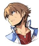  brown_eyes brown_hair closed_mouth commentary_request eiyuu_densetsu enami_katsumi hair_between_eyes highres jacket lloyd_bannings looking_to_the_side male_focus portrait red_shirt shirt simple_background solo white_background zero_no_kiseki 