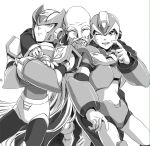  android arm_around_shoulder bald beard closed_eyes crossed_arms dr._cain facial_hair gloves greyscale helmet long_hair male_focus monochrome multiple_boys old_man one_eye_closed open_mouth rockman rockman_x smile teeth uncolored white_background white_gloves x_(rockman) yukinbo78 zero_(rockman) 