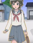  blue_skirt handbag looking_at_another looking_at_viewer mikakunin_de_shinkoukei oono_niko ponytail seifuku tomboy 