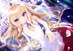  5saiji azur_lane bangs bare_shoulders blonde_hair blue_eyes blush bouquet breasts bridal_veil closed_mouth collared_dress commentary_request cross detached_sleeves dress dutch_angle eyebrows_visible_through_hair flower glint highres holding holding_bouquet indoors jewelry long_hair long_sleeves petals queen_elizabeth_(azur_lane) ring rose see-through sleeveless sleeveless_dress sleeves_past_wrists small_breasts smile solo standing tears tiara veil very_long_hair wedding_band wedding_dress white_dress white_flower white_rose 