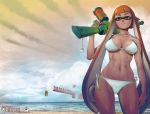  1girl alternate_breast_size beach bikini breasts cleavage curvy cutepet inkling large_breasts long_hair looking_at_viewer mask matching_hair/eyes navel orange_eyes orange_hair pointy_ears solo splatoon swimsuit tentacle_hair thighs very_long_hair wide_hips 