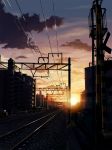  kurumaori no_humans original outdoors power_lines railroad_crossing railroad_signal railroad_tracks scenery sky sunset 