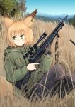  animal_ears batta_(kanzume_quality) black_footwear blonde_hair blue_sky boots brown_gloves closed_mouth day fox_ears fox_girl fox_tail fox_wife_(batta_(kanzume_quality)) gloves grass green_eyes grey_pants gun holding holding_gun holding_weapon hunting long_sleeves looking_to_the_side nib_pen_(medium) original outdoors pants rifle short_hair single_glove sitting sky sniper_rifle solo tail traditional_media trigger_discipline weapon 