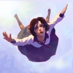  bioshock bioshock_infinite blouse blue_background blue_eyes blue_skirt boots brown_hair elizabeth_(bioshock_infinite) falling ilya_kuvshinov long_hair long_sleeves looking_at_viewer neckerchief parted_lips skirt solo white_blouse 