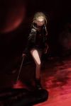  blonde_hair blue_eyes boots braid combat_boots flat_chest forehead full_body highres holding holding_weapon jacket lead_pipe leather leather_jacket medium_hair original sara_manta shadow shorts solo twin_braids weapon 