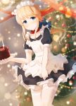  androgynous apron bangs black_dress blonde_hair blue_bow blue_eyes blurry blurry_background blush bow burning cake candle chevalier_d'eon_(fate/grand_order) chihuri chocolate_cake christmas_ornaments christmas_tree closed_mouth collarbone commentary_request depth_of_field dress dutch_angle eyebrows_visible_through_hair fate/grand_order fate_(series) fingernails fire food frilled_apron frills hair_bow highres holding holding_plate long_hair looking_at_viewer low_ponytail maid maid_apron maid_headdress plate pleated_dress ponytail puffy_short_sleeves puffy_sleeves red_collar red_ribbon ribbon short_sleeves sidelocks solo thighhighs very_long_hair white_apron white_legwear 