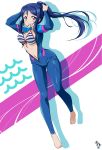  absurdres bikini bikini_top blue_hair breasts bunji commentary_request diving_suit highres holding long_hair looking_at_viewer love_live! love_live!_sunshine!! matsuura_kanan mole mole_under_mouth mouth_hold ponytail purple_eyes purple_hair smile solo striped striped_bikini swimsuit teeth_hold wetsuit 