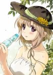  amaetai_hi_wa_soba_ni_ite bare_shoulders black_hat blush bottle breasts character_request commentary_request dress flower hat hat_flower highres holding holding_bottle kawai_makoto large_breasts looking_at_viewer parted_lips ramune solo sun_hat tree upper_body white_dress yellow_flower 