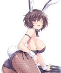  akiyama_yukari animal_ears arm_support armlet ass bangs bent_over black_legwear black_leotard black_neckwear blush bow bowtie breasts brown_eyes brown_hair bunny_ears bunny_tail bunnysuit commentary detached_collar fake_animal_ears fake_tail fishnet_pantyhose fishnets from_behind girls_und_panzer hasu_(hk_works) large_breasts leaning_forward leotard looking_at_viewer looking_back messy_hair one_eye_closed open_mouth pantyhose short_hair sideboob smile solo standing strapless strapless_leotard tail thighs white_background white_collar wrist_cuffs 