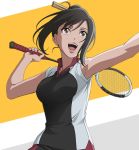  1girl badminton_racket breasts brown_eyes brown_hair chopsticks hanebado! ishizawa_nozomi medium_breasts open_mouth racket smile solo sports_uniform 
