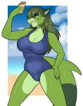  2018 anthro beach breasts clothed clothing female fish hair marine outside phone porin seaside selfie shark smile solo standing wetsuit wide_hips 