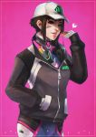  absurdres alternate_hair_length alternate_hairstyle animal_print baseball_cap blue_bodysuit bodysuit brown_hair bunny_print chips commentary d.va_(overwatch) dirty_face english_commentary food hair_bun hand_in_pocket hat headphones headphones_around_neck highres jacket lips looking_at_viewer monori_rogue overwatch pilot_suit pink_background potato_chips shooting_star_d.va short_hair sidelocks solo updo zipper 