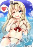  bikini blonde_hair blue_eyes blue_sky blush braid breasts cloud commentary_request crown day eyebrows_visible_through_hair french_braid groin hair_between_eyes hair_ornament heart index_finger_raised kantai_collection long_hair looking_at_viewer medium_breasts mini_crown one_eye_closed open_mouth partially_submerged sky solo sou_(soutennkouchi) spoken_heart swimsuit tilted_headwear twitter_username warspite_(kantai_collection) water white_bikini 