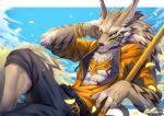  2018 abs anthro canine clothed clothing digital_media_(artwork) fur hoodie male mammal open_hoodie rabbity seth_(tas) solo tokyo_afterschool_summoners 