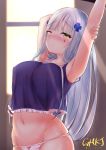  armpits arms_up bangs blue_tank_top blurry blurry_background blush bow bow_panties breasts collarbone commentary_request depth_of_field eyebrows_visible_through_hair facial_mark frills girls_frontline gmkj green_eyes groin hair_ornament highres hk416_(girls_frontline) large_breasts long_hair navel one_eye_closed panties pixiv_id signature silver_hair solo stretch tank_top tears underwear very_long_hair white_panties window 