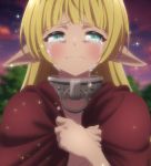  artist_request blonde_hair blush cloak closed_mouth collar crying elf evening green_eyes hands_on_own_chest highres isekai_maou_to_shoukan_shoujo_dorei_majutsu light_particles long_hair looking_at_viewer pointy_ears screencap shera_l_greenwood sparkle stitched tears third-party_edit tree upper_body 