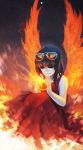  absurdres bangs black_hair closed_eyes dress eyewear_on_head fiery_wings fire flat_chest full_body highres long_hair monori_rogue orb original red_dress reflection sitting solo sunglasses white_skin 